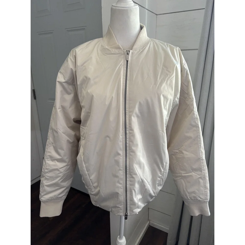 Athleta Bomber Jacket Women Large Tall White Full Zip Windbreaker Lined Athletic